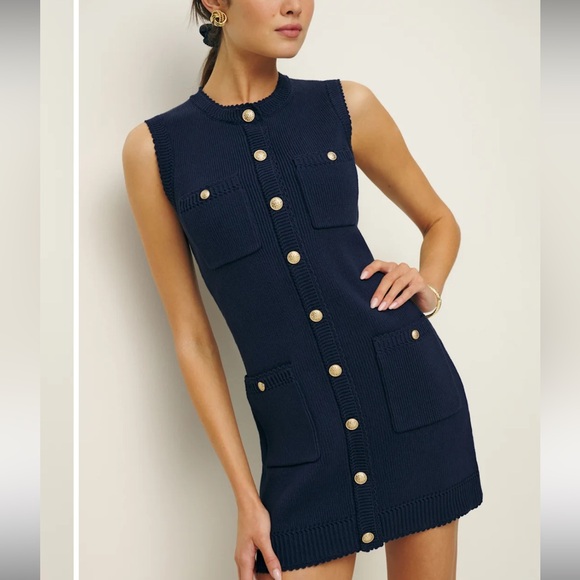 Reformation Large Catalina  Cotton Mini Dress size L Navy with Gold Details - Picture 4 of 10